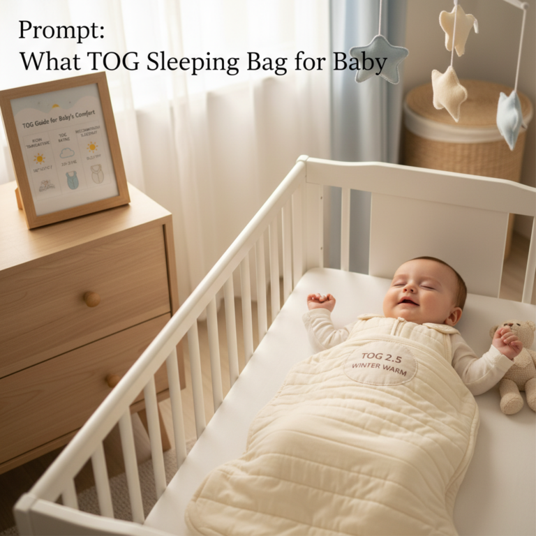 alt_text: Baby in crib wearing labeled TOG sleeping bag, with a room temperature TOG guide chart nearby.
