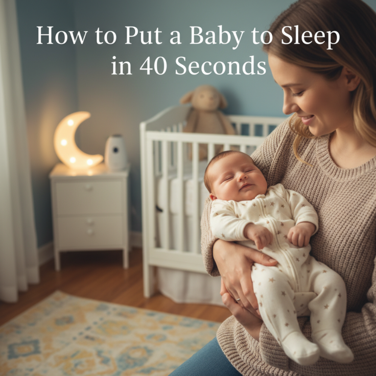 How to Put a Baby to Sleep in 40 Seconds—gentle caregiver soothing baby in a peaceful nursery.