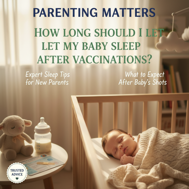 Sleeping baby in crib after vaccinations, surrounded by soft light and comforting baby care items.