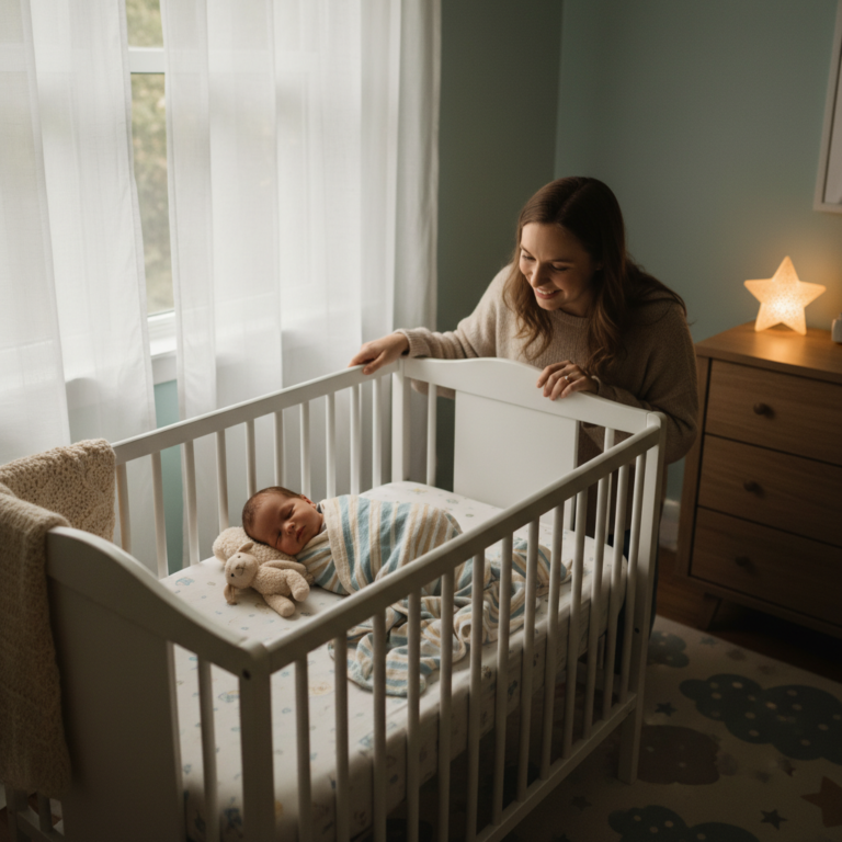 A serene nursery with a sleeping baby, caring parent, and soft moonlight, evoking comfort and hope.