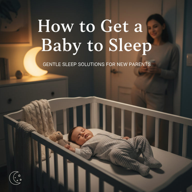 Peaceful nursery at night, baby sleeping soundly in crib, soft light, calm parent in background.