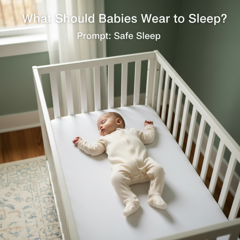 Safe Sleep: Baby in a crib wearing a light onesie, no loose bedding, room softly lit, text at top.