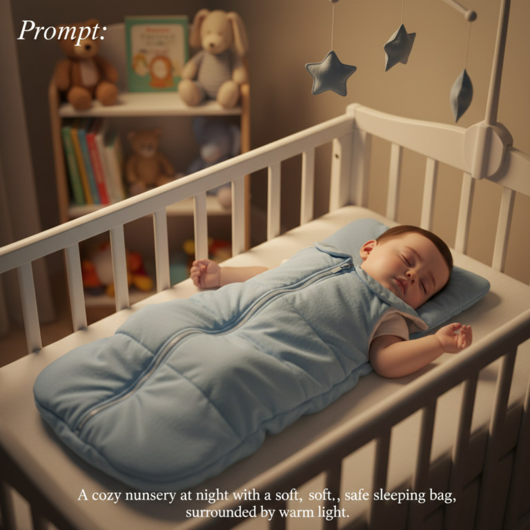 alt_text: A cozy nursery at night with a sleeping baby in a soft, safe sleeping bag, surrounded by warm light.