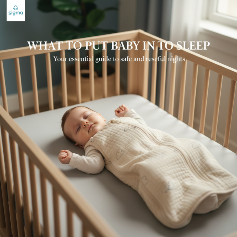 Peaceful baby in sleep sack on back in crib, safe sleep setup with no blankets or toys.