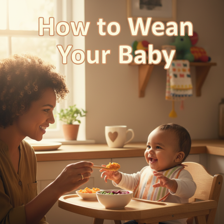 alt_text Parent feeding smiling baby in sunlit kitchen, surrounded by toys, for "How to Wean Your Baby" cover.