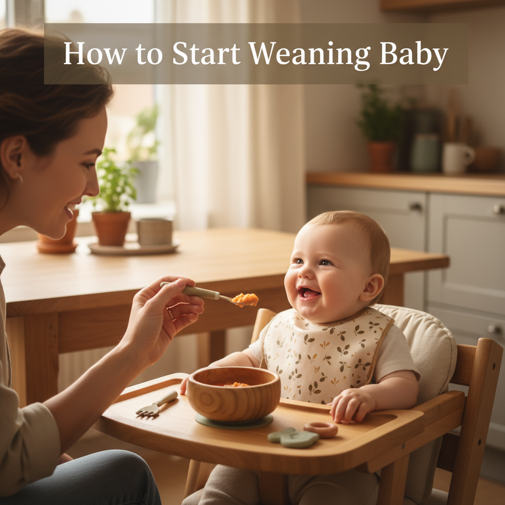Parent feeding smiling baby first foods in a cozy kitchen, highlighting the start of weaning.