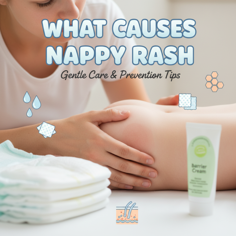 A caring parent checks a baby’s mild nappy rash; title highlights causes and gentle care tips.
