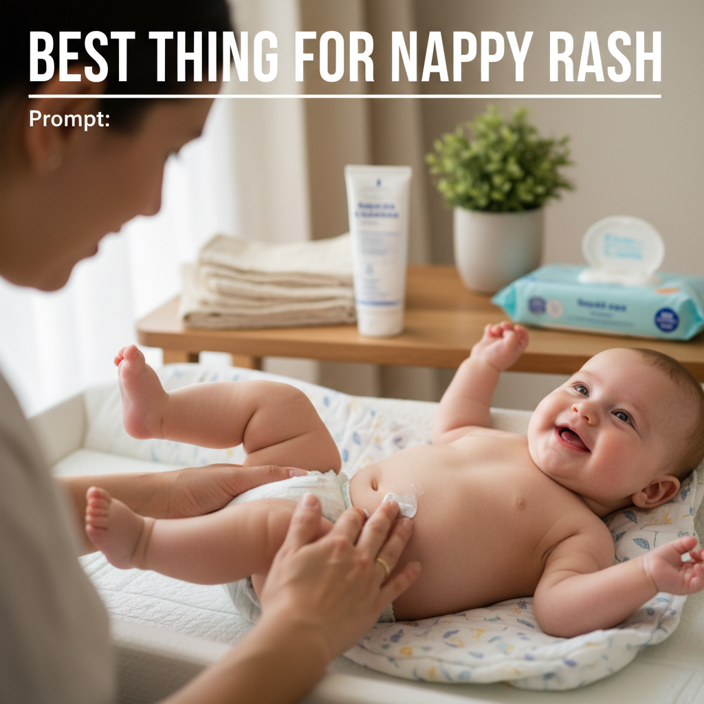 Parent gently applies cream to smiling baby’s bottom, with soothing nappy rash remedies in background.