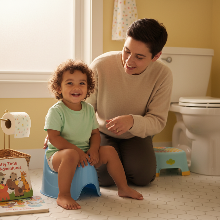 A young child and supportive caregiver begin potty training together in a bright, friendly bathroom.