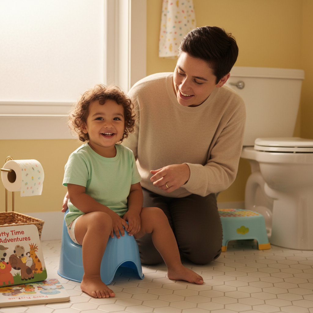 A young child and supportive caregiver begin potty training together in a bright, friendly bathroom.