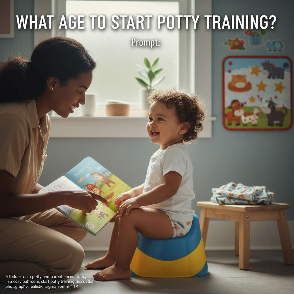 A toddler on a potty and parent encouraging, in a cozy bathroom, start potty training discussion.