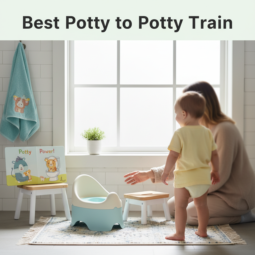A bright, child-friendly bathroom with a modern toddler potty, step stool, and supportive parent.