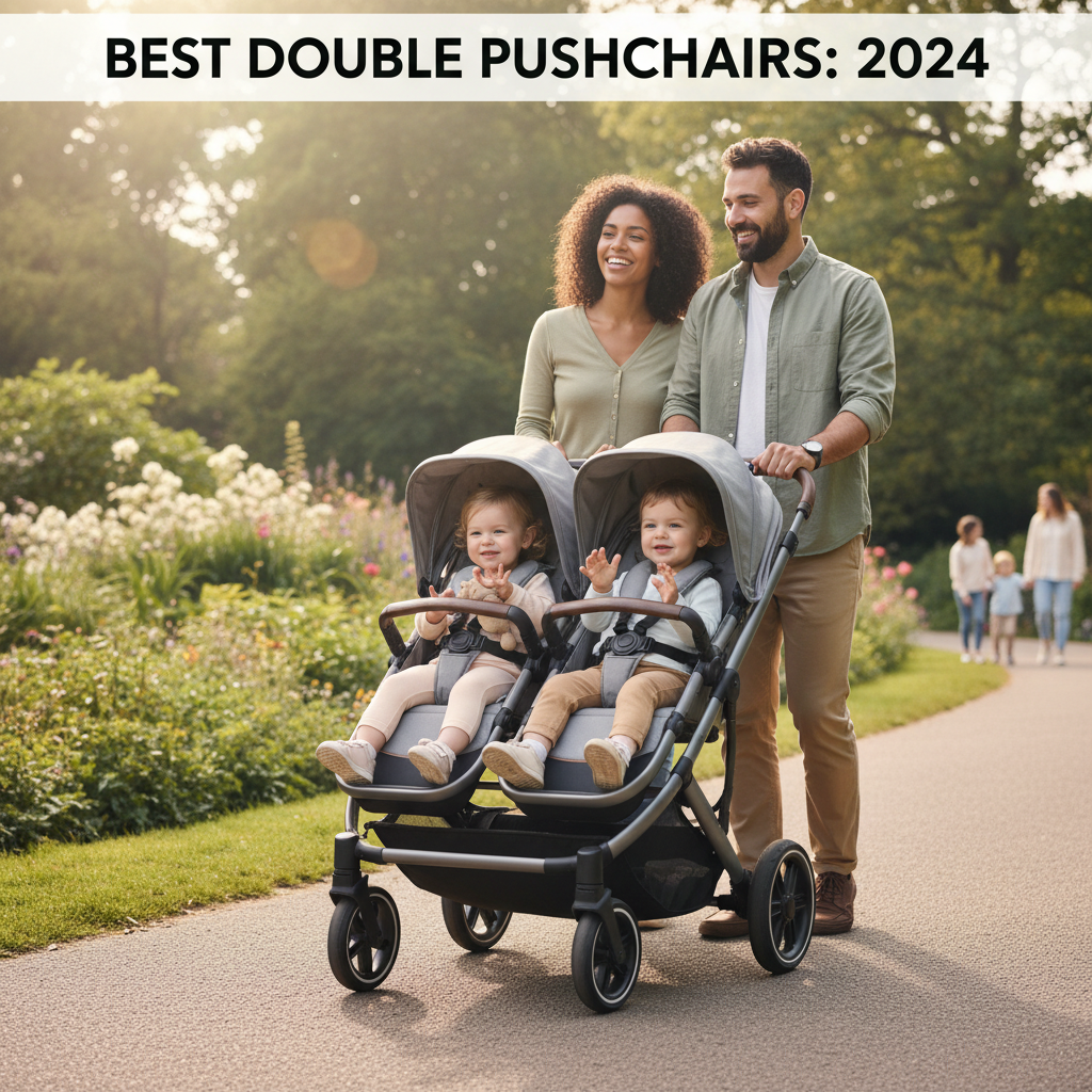 Two toddlers in a stylish double pushchair outdoors with smiling parents; “Best Double Pushchairs: 2024”