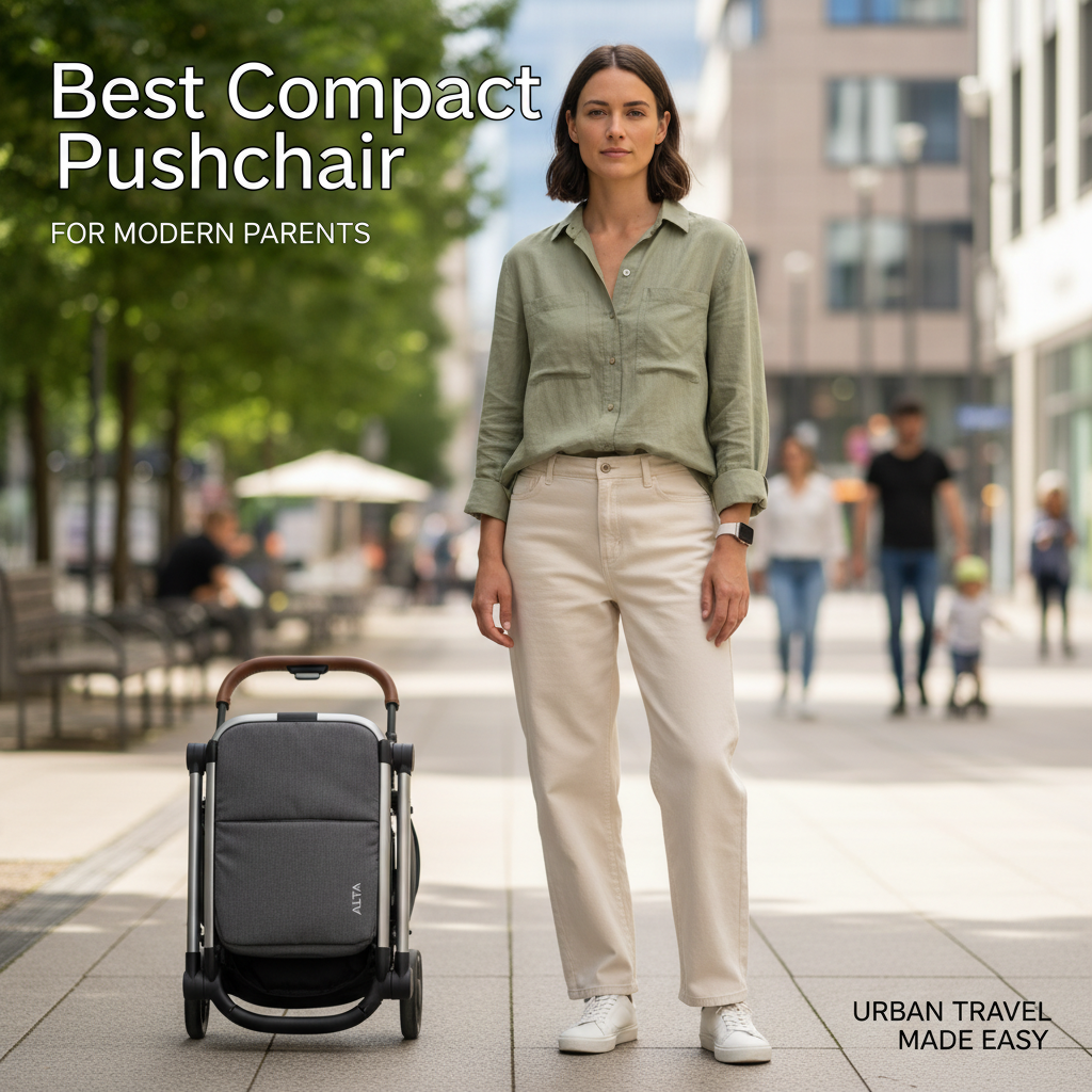 alt_text Trendy parent with a sleek, folded pushchair in a city, highlighting style and compact convenience.