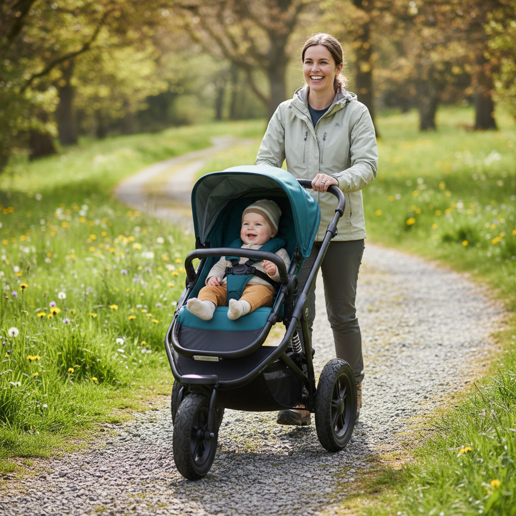 alt_text: Parent walking an all-terrain pushchair with baby on a scenic trail through grass, gravel, and woods.
