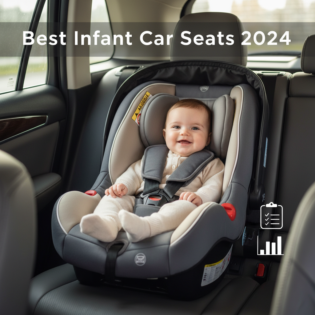 Best Infant Car Seats 2024—safe, comfy car seat with smiling baby and a comparison checklist icon.