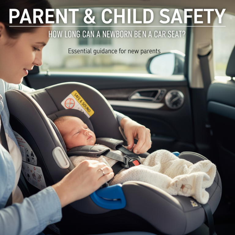Parent buckling newborn into car seat, clock in background hints at safety time limits for infants.
