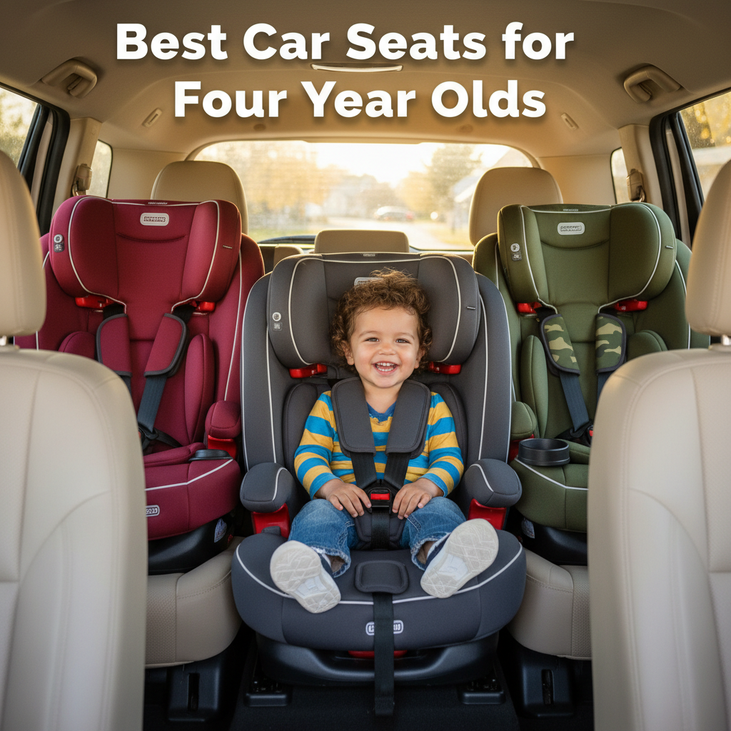 Best Car Seats for Four Year Olds: child buckled in, surrounded by top car seat models, safe and comfy