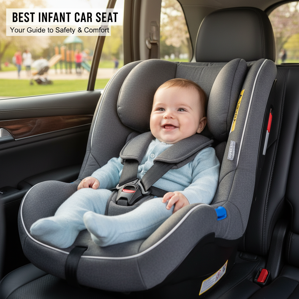 Happy baby safely buckled in a modern infant car seat, highlighting comfort and top safety features.