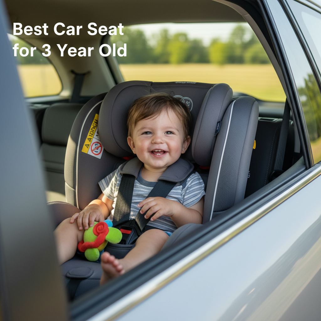 Toddler safely buckled in a stylish car seat, smiling in a sunlit family car—comfort and security.