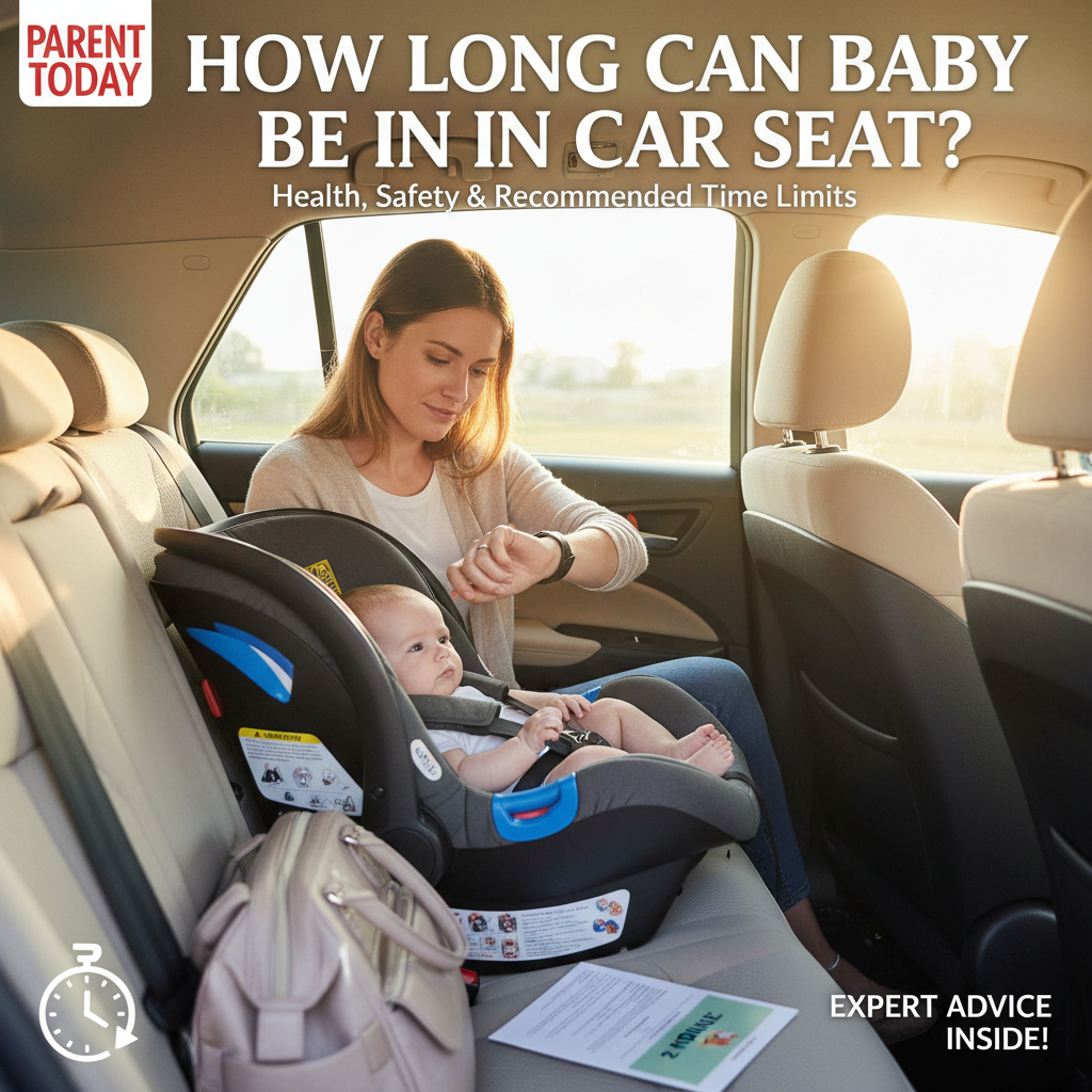 Parent checks time as baby sits safely in car seat; highlights car seat safety and time limit concerns.
