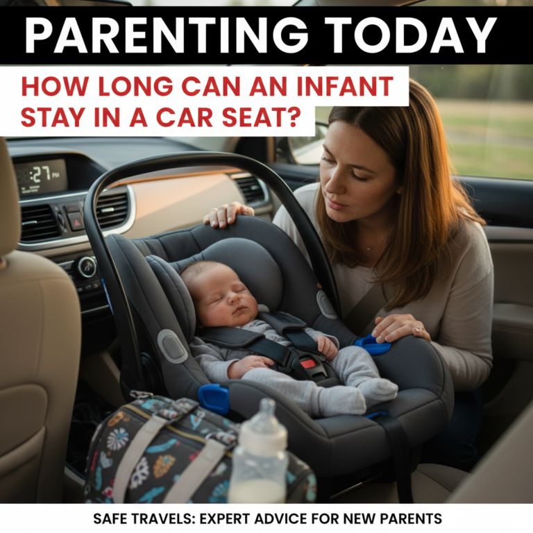 Concerned parent checks sleeping baby in car seat, highlighting infant safety and time awareness.