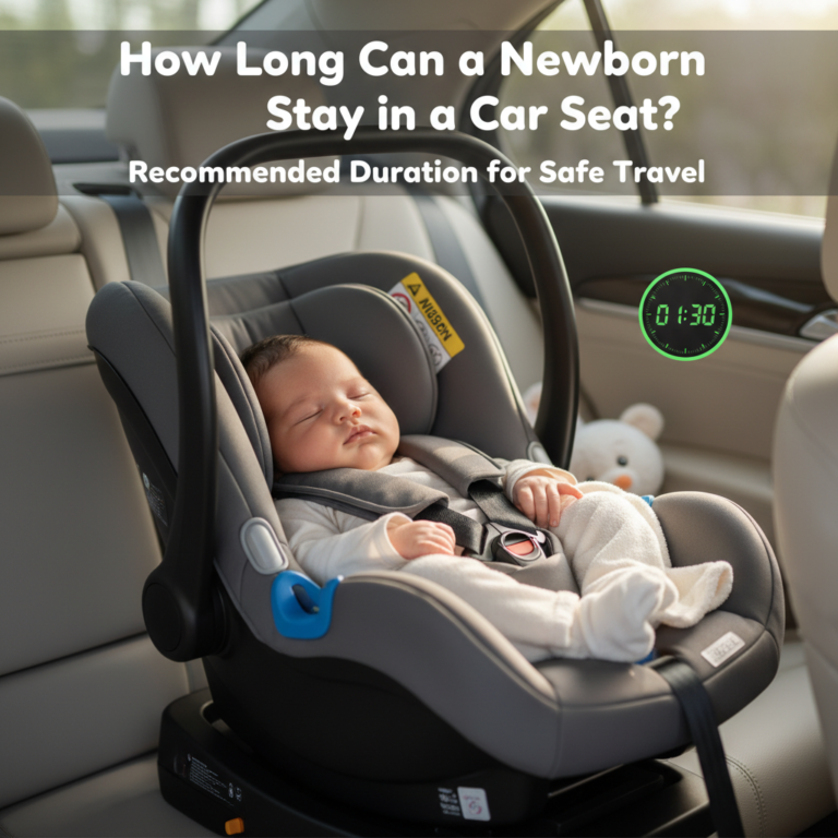 Newborn safely in a car seat, with a clock symbolizing time; asks, "How Long Can a Newborn Stay?"