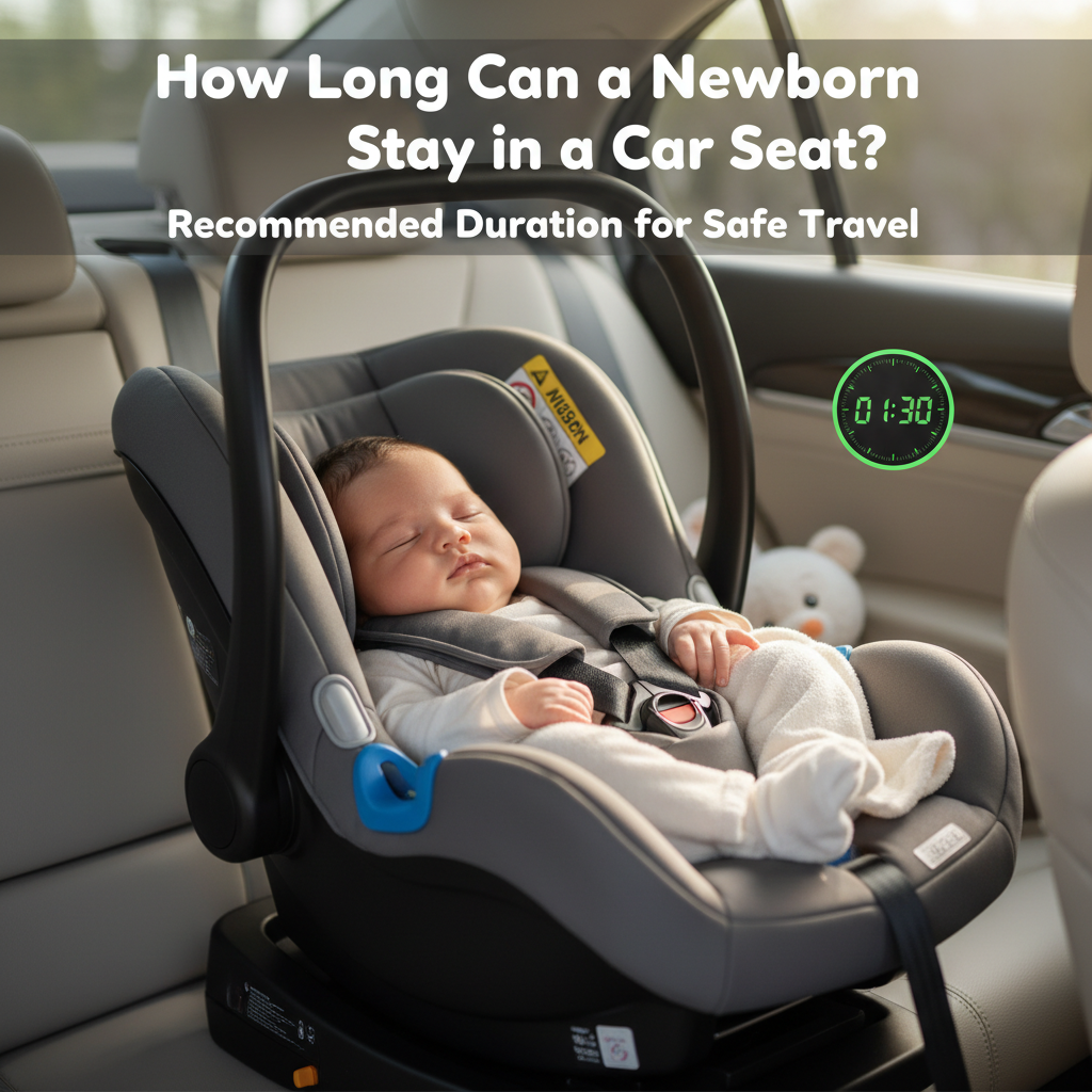 Newborn safely in a car seat, with a clock symbolizing time; asks, "How Long Can a Newborn Stay?"