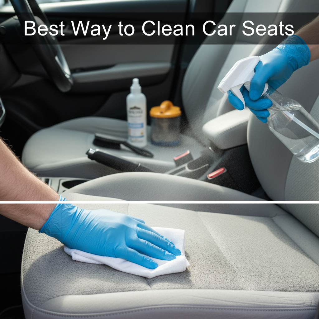 Hands cleaning a car seat with a microfiber cloth, showing a clear clean vs. dirty transformation.