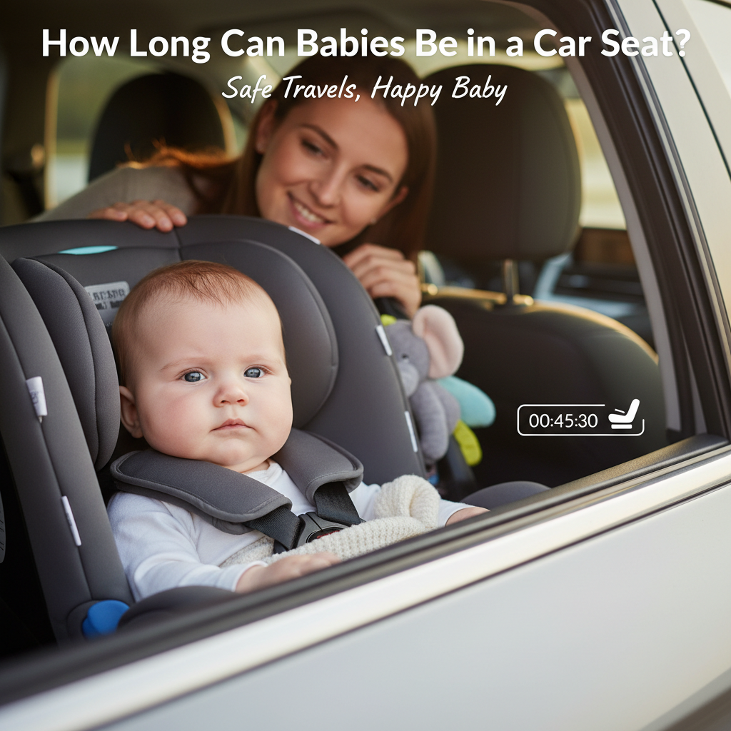 Baby calmly secured in car seat, caring parent watching, with a timer hinting at car seat duration.