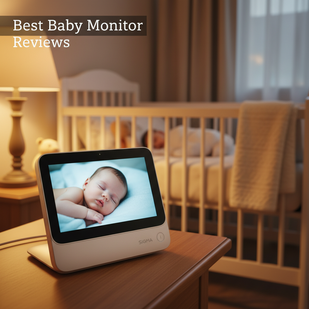 Best Baby Monitor Reviews: Modern monitor displays sleeping baby in cozy, softly lit nursery scene.