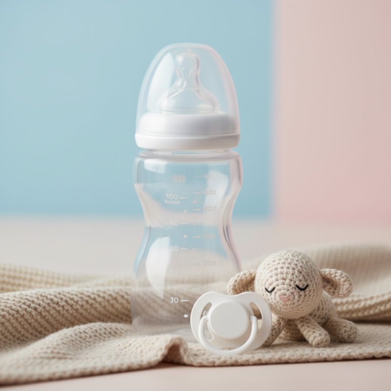 Modern baby bottle with clear markings, surrounded by blanket, pacifier, and plush toy on pastel background.