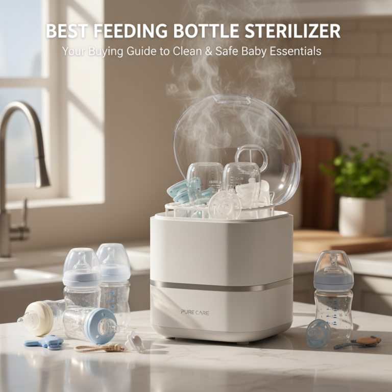 alt_text Modern bottle sterilizer steaming on a bright kitchen counter, evoking cleanliness and trust for parents.