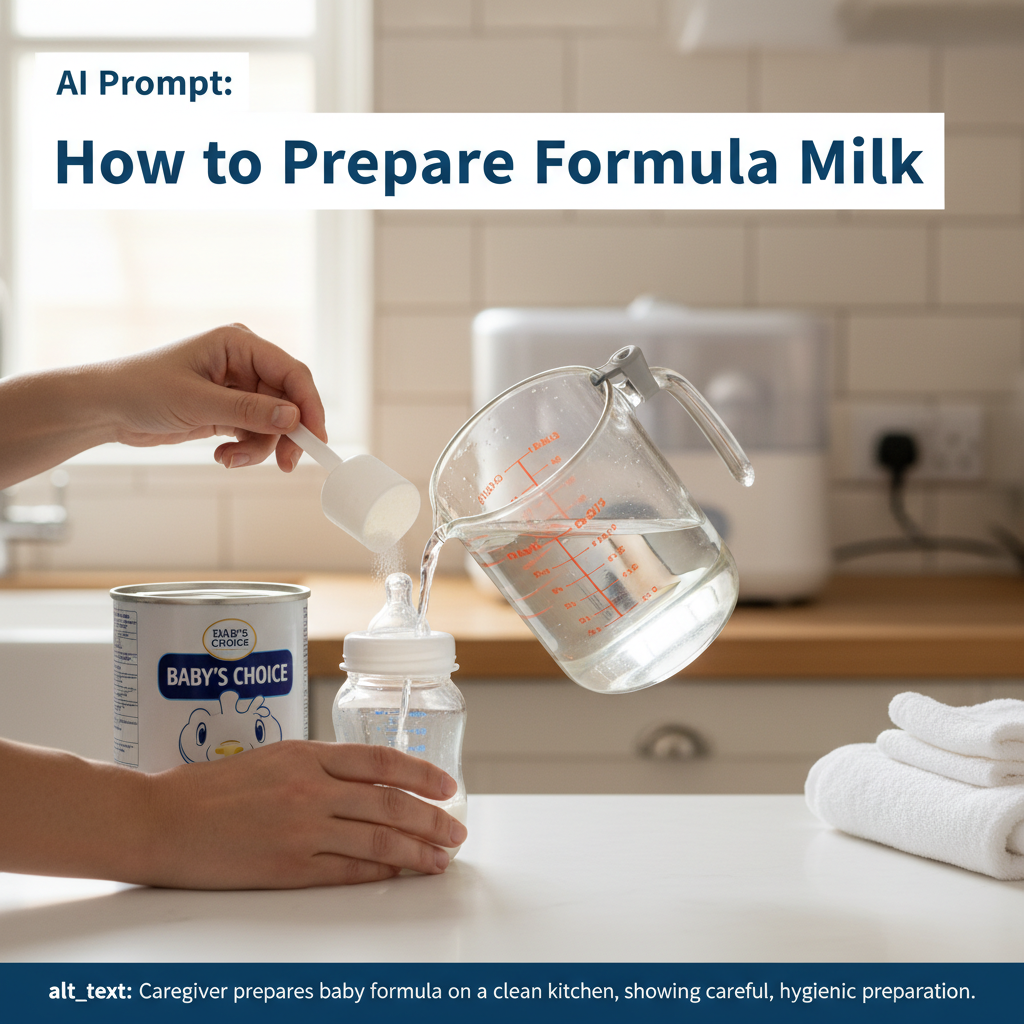 alt_text Caregiver prepares baby formula on a clean kitchen counter, showing careful, hygienic bottle preparation.