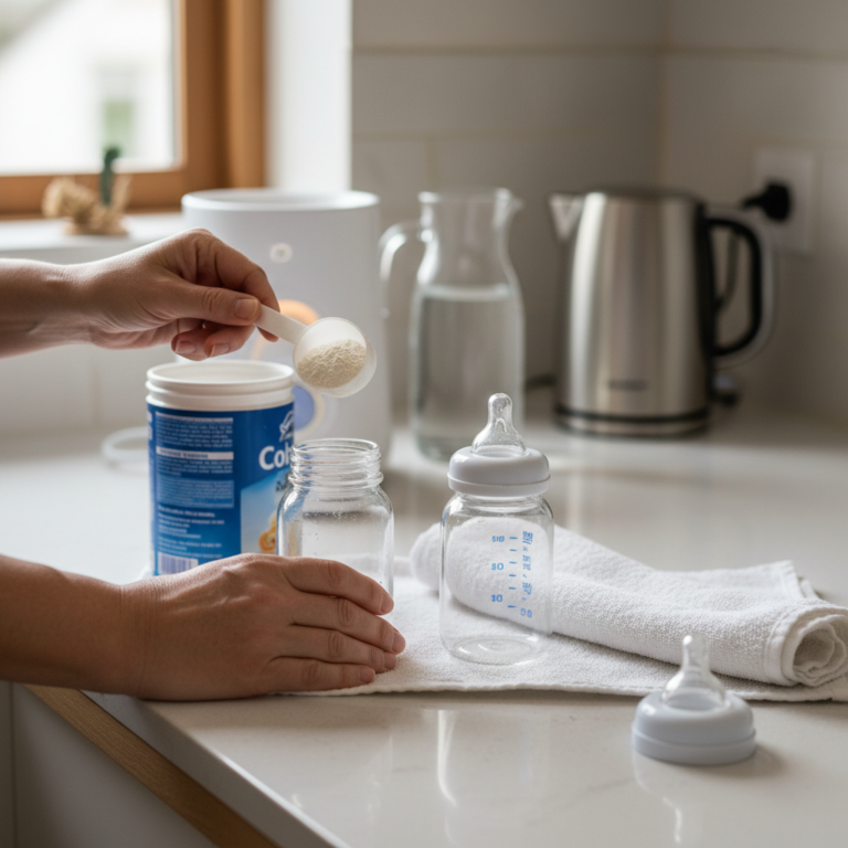 Hands prepare formula milk with clean bottles, scoop, and water on a tidy kitchen countertop.