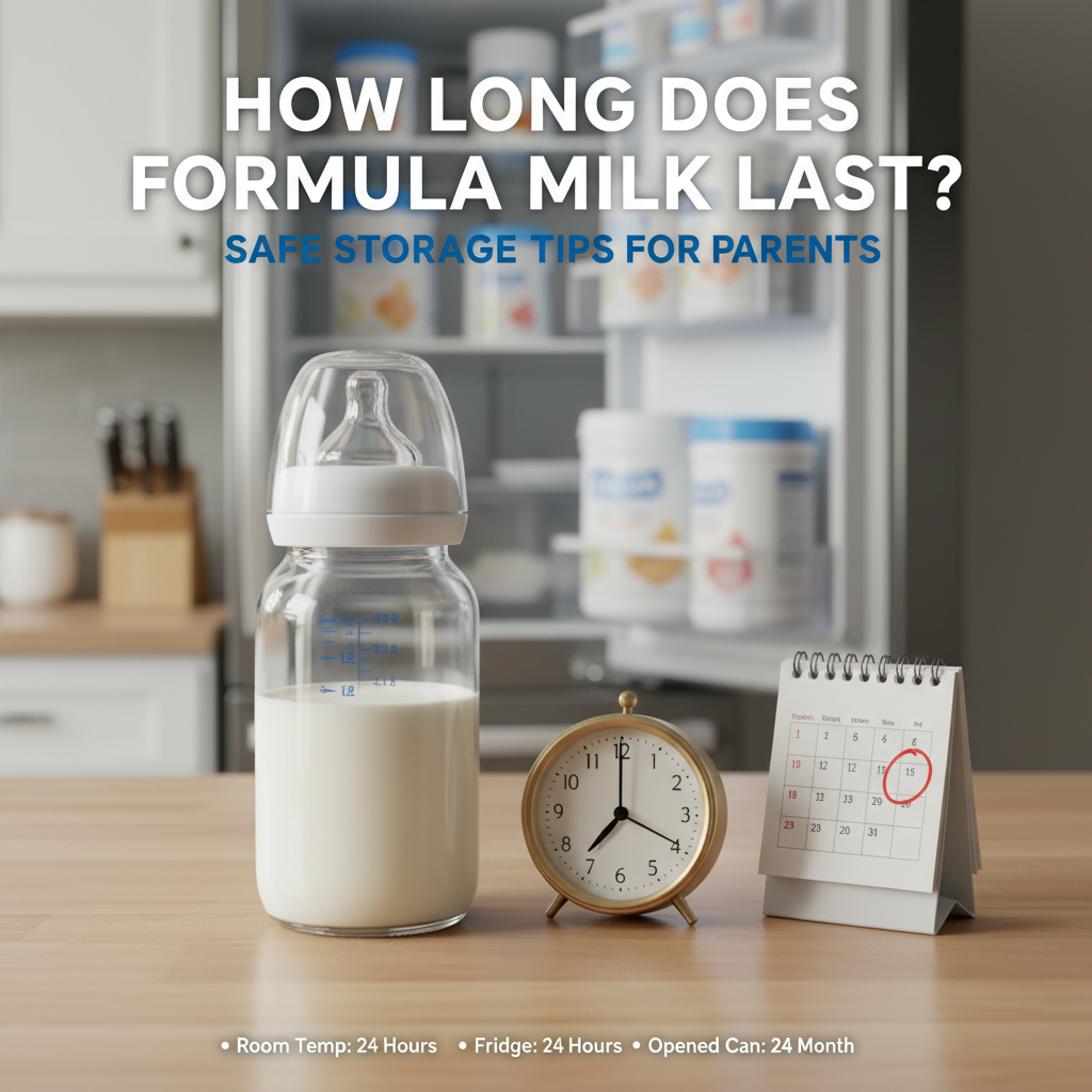 Baby bottle with formula, clock, and fridge highlight how long formula milk lasts and safe storage tips.
