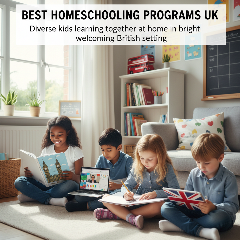 Best Homeschooling Programs UK: Diverse kids learning together at home in a bright, welcoming British setting.