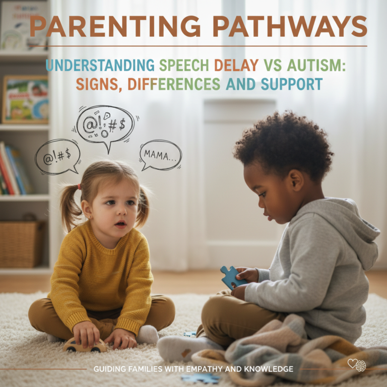 Two children highlight speech delay and autism traits on a warm, informative magazine cover for parents.