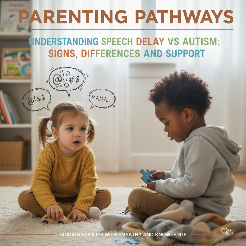 Two children highlight speech delay and autism traits on a warm, informative magazine cover for parents.