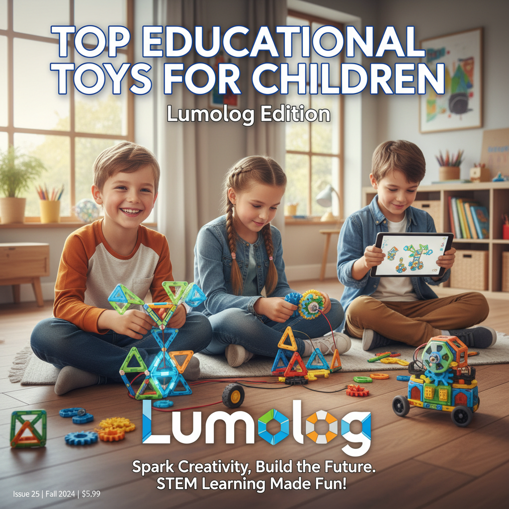 Children playing with colorful Lumolog toys in a bright room, exploring STEM learning and creativity.