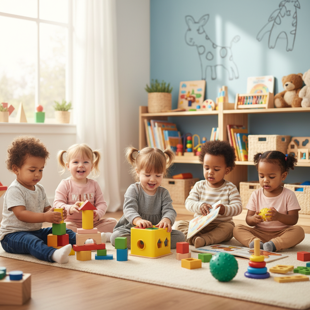alt_text Toddlers play with colorful educational toys in a bright, cozy playroom, learning and having fun.