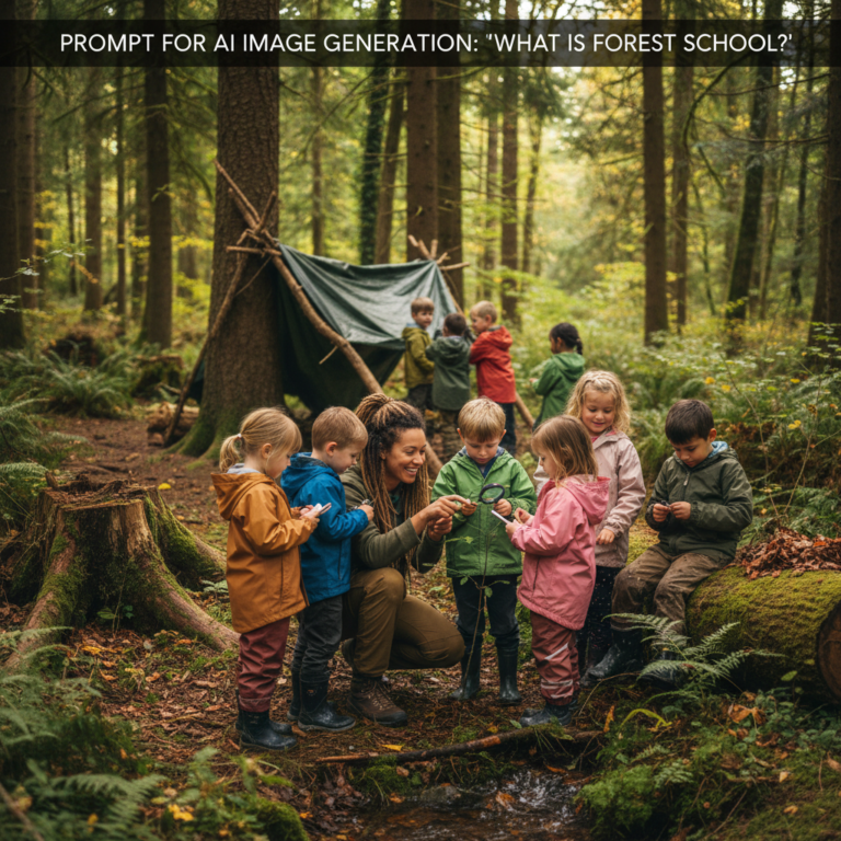 Children learning and exploring together in a vibrant forest, guided by a teacher amid nature.