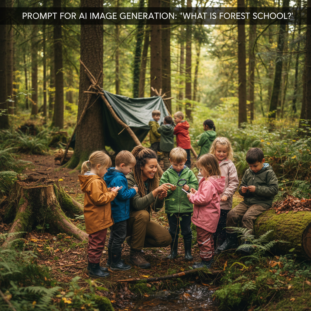 Children learning and exploring together in a vibrant forest, guided by a teacher amid nature.