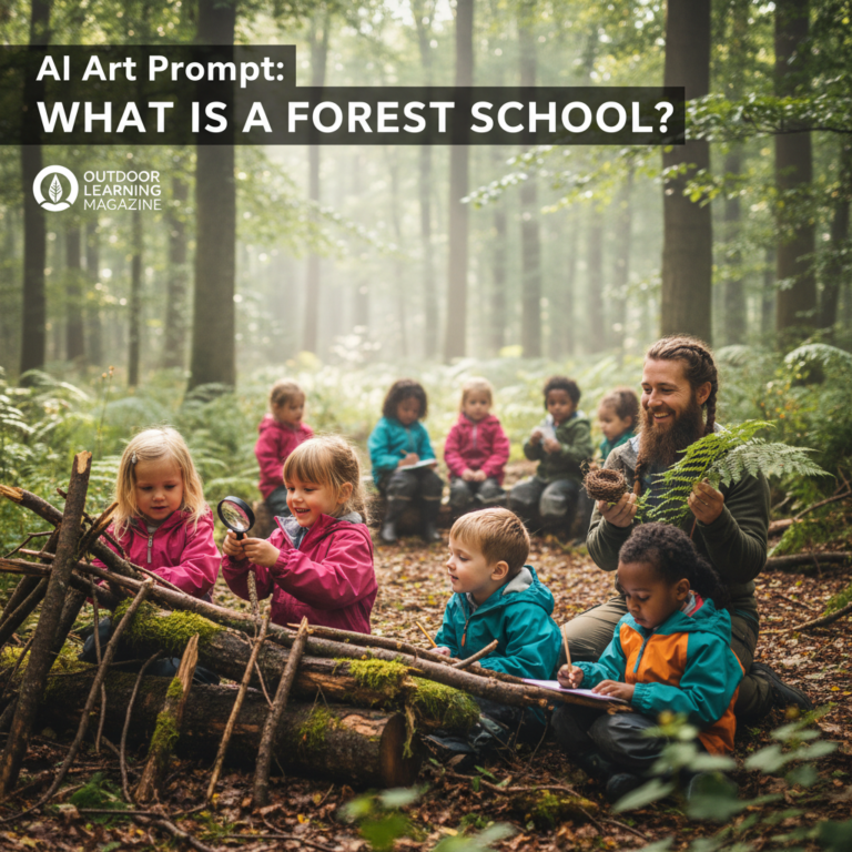Children learn and explore together with a teacher in a lush, sunlit forest classroom.