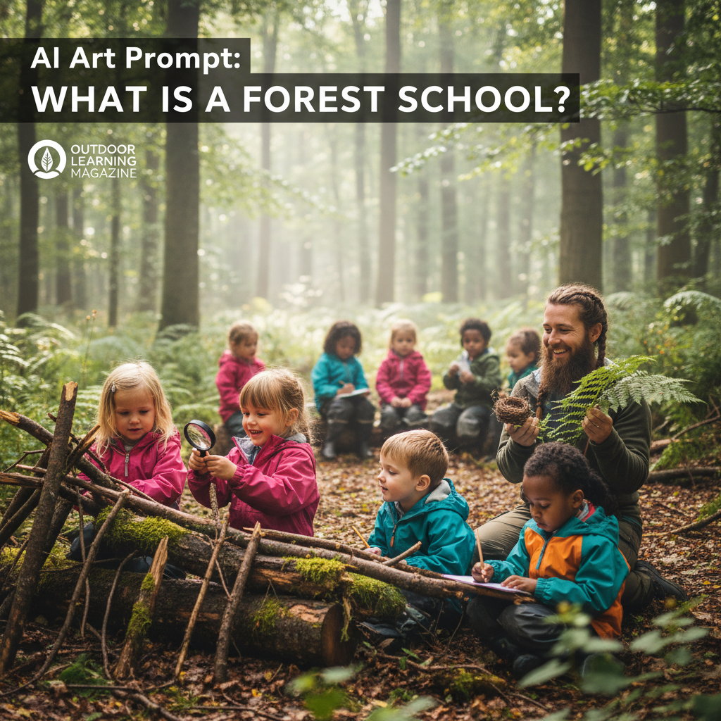 Children learn and explore together with a teacher in a lush, sunlit forest classroom.