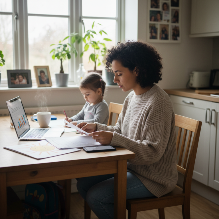 Single parent reviews bills at kitchen table as child plays, highlighting family finances and benefits.