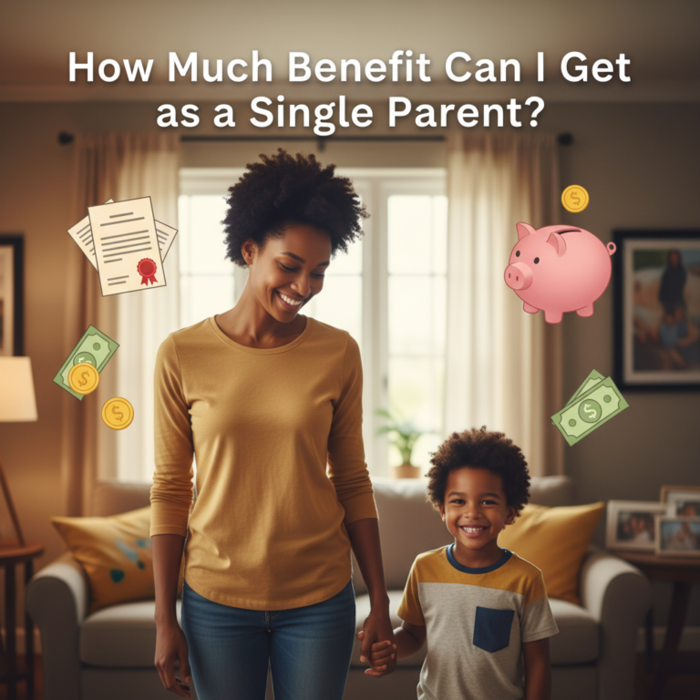 Single parent and child at home with financial icons, asking: How Much Benefit Can I Get as a Single Parent?