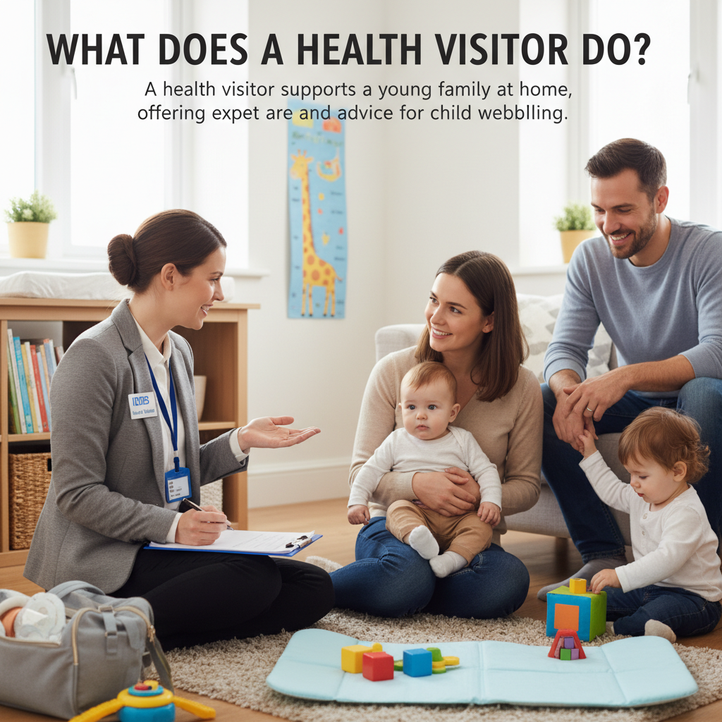 A health visitor supports a young family at home, offering expert care and advice for child wellbeing.