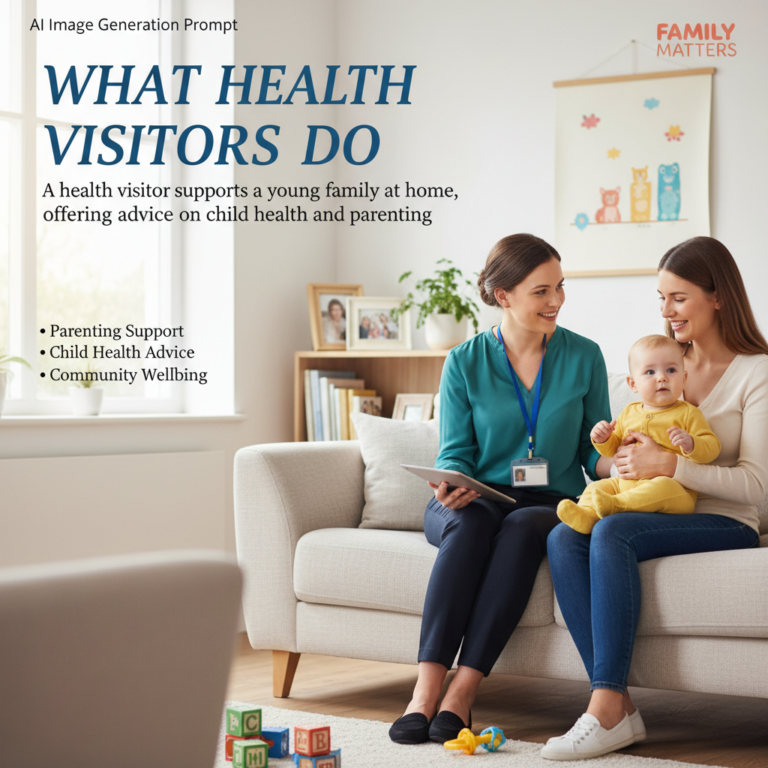 A health visitor supports a young family at home, offering advice on child health and parenting.