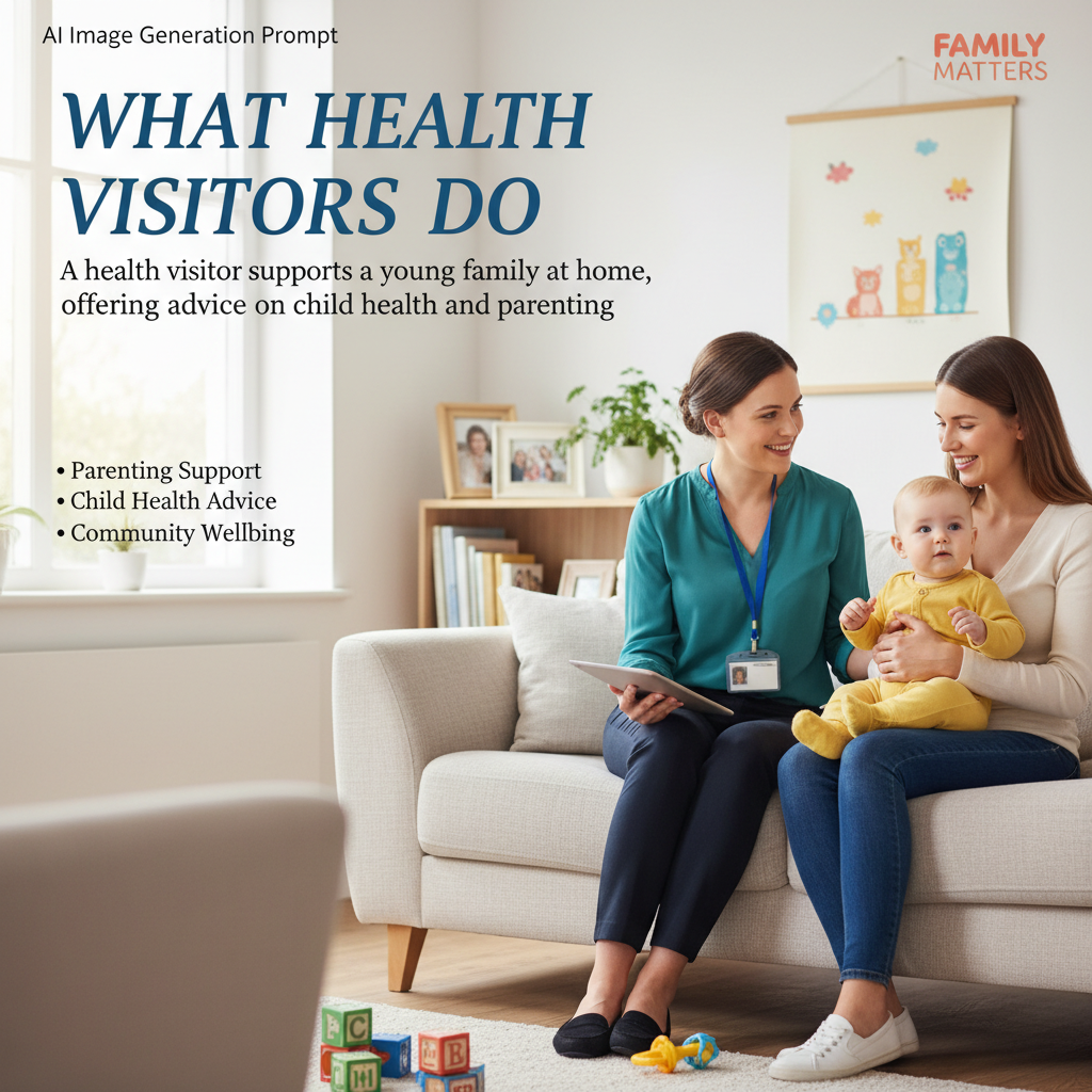 A health visitor supports a young family at home, offering advice on child health and parenting.